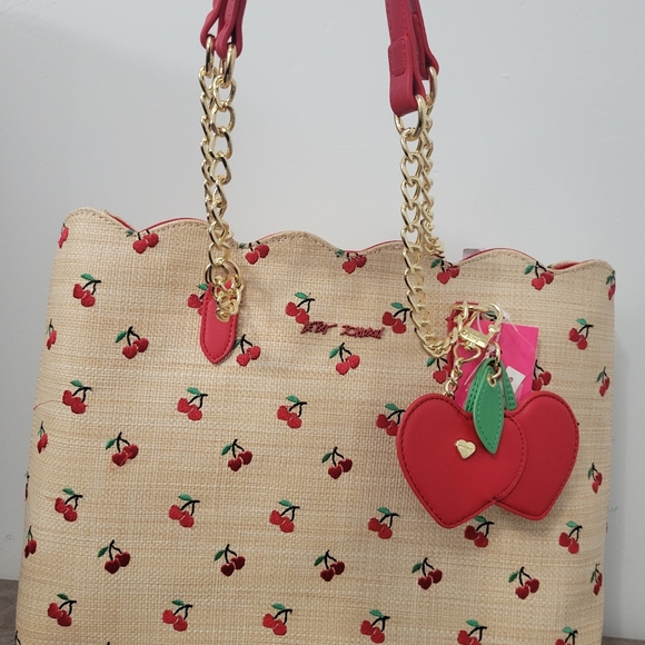 Betsey Johnson cherry print tote bag with charms - Picture 3 of 8
